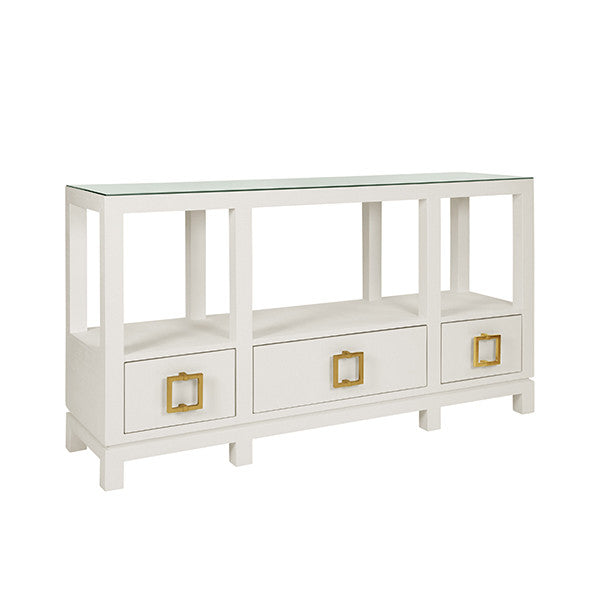 Worlds Away - Campbell Open Shelf Console With Three Bottom Drawers And Square Satin Brass Hardware In White Textured Linen - CAMPBELL WH