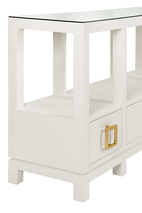 Worlds Away - Campbell Open Shelf Console With Three Bottom Drawers And Square Satin Brass Hardware In White Textured Linen - CAMPBELL WH