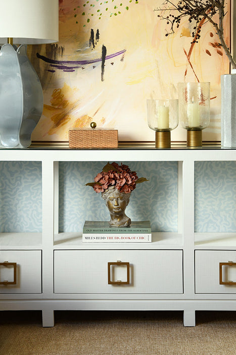 Worlds Away - Campbell Open Shelf Console With Three Bottom Drawers And Square Satin Brass Hardware In White Textured Linen - CAMPBELL WH