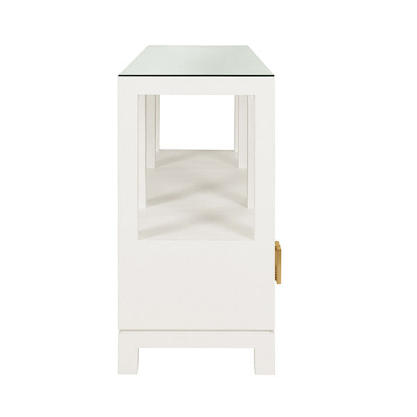 Worlds Away - Campbell Open Shelf Console With Three Bottom Drawers And Square Satin Brass Hardware In White Textured Linen - CAMPBELL WH