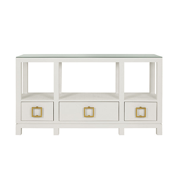 Worlds Away - Campbell Open Shelf Console With Three Bottom Drawers And Square Satin Brass Hardware In White Textured Linen - CAMPBELL WH