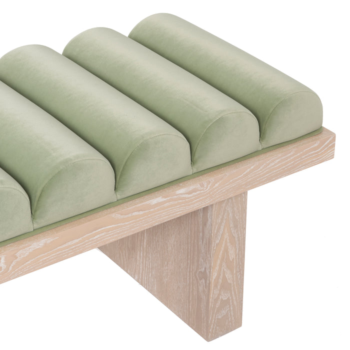 Worlds Away - Caspian Channeled Seat Bench With Cerused Oak Base In Sage Green Velvet - CASPIAN SG