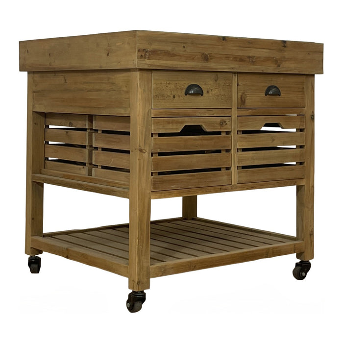 GJ Styles - Reclaimed Pine Kitchen Island with Blue Stone Top on Casters - CL48