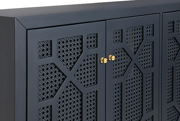 Worlds Away - Four Door Buffet With Trellis Over Painted Cane Doors In Matte Navy Lacquer - CLAIRE NVY - GreatFurnitureDeal