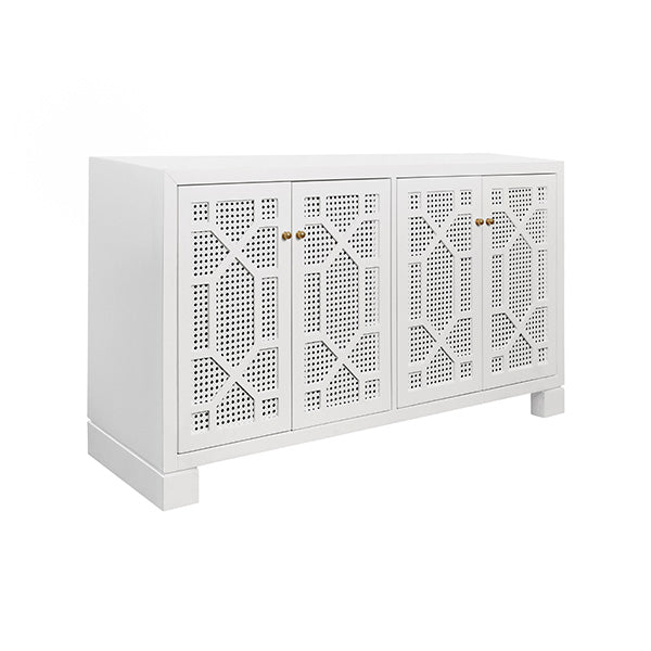 Worlds Away - Four Door Buffet With Trellis Over Painted Cane Doors In Matte White Lacquer - CLAIRE WH - GreatFurnitureDeal
