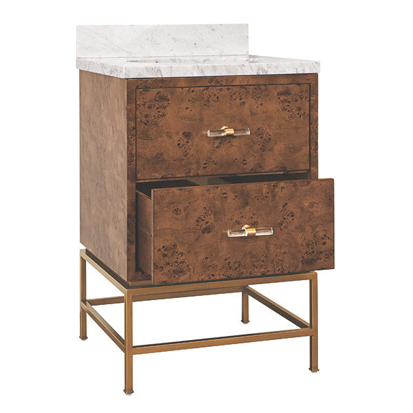 Worlds Away - Clifford Two Drawer Bath Vanity In Matte Dark Burl Wood With Antique Brass Metal Frame And Acrylic And Brass Hardware - CLIFFORD 24 DBW