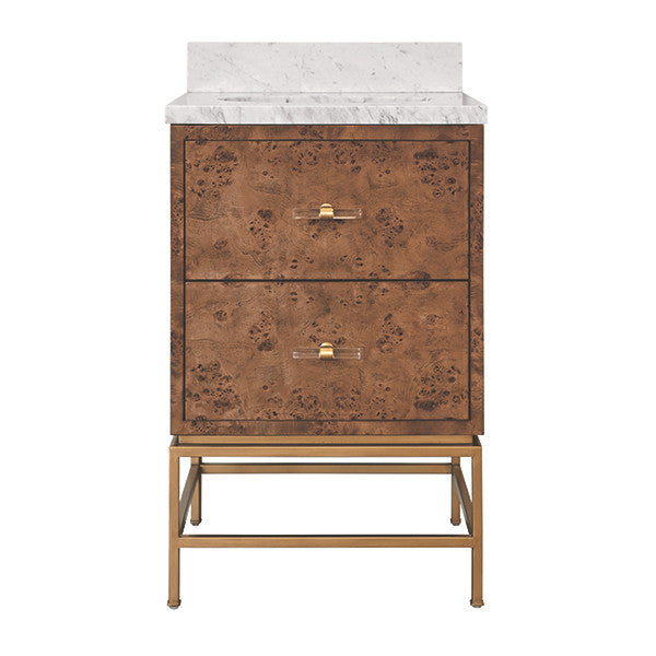 Worlds Away - Clifford Two Drawer Bath Vanity In Matte Dark Burl Wood With Antique Brass Metal Frame And Acrylic And Brass Hardware - CLIFFORD 24 DBW