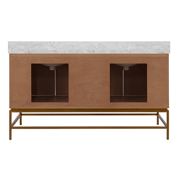 Worlds Away - Bath Vanity In Matte Dark Burl Wood And Antique Brass With White Marble Top And Double Porcelain Sinks, 60" Wide - CLIFFORD 60 DBW - GreatFurnitureDeal