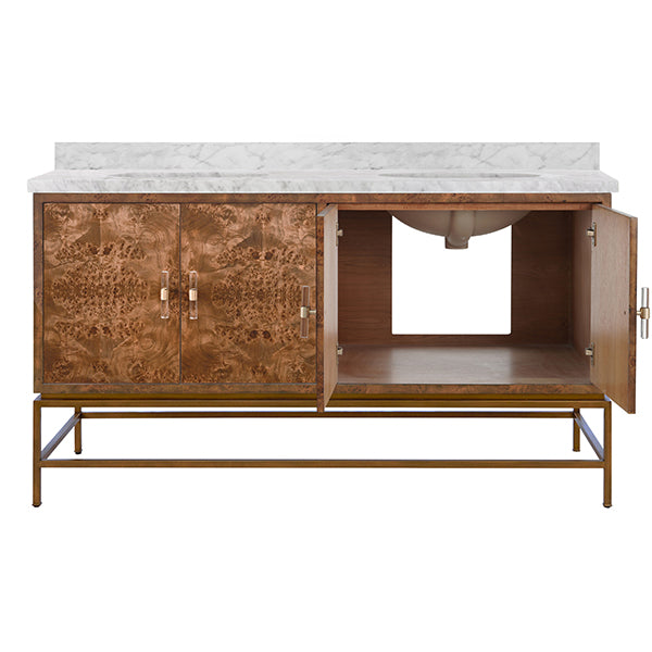 Worlds Away - Bath Vanity In Matte Dark Burl Wood And Antique Brass With White Marble Top And Double Porcelain Sinks, 60" Wide - CLIFFORD 60 DBW - GreatFurnitureDeal