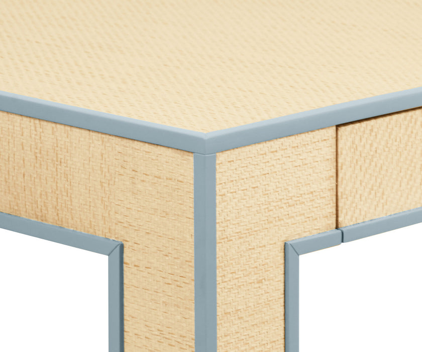 Worlds Away - Collins Square Two Drawer Game Table With Matte Light Blue Lacquer Edging And Inset Natural Grasscloth - COLLINS LB