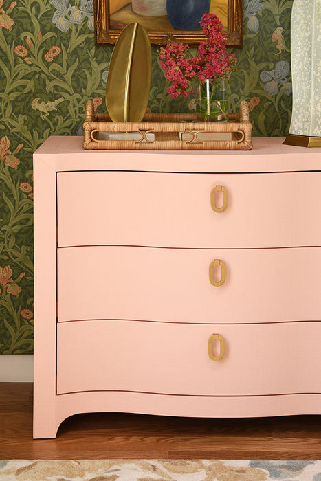Worlds Away - Cora Curved Front Chest With Three Drawers In Textured Pink Linen With Satin Brass Ring Hardware - CORA PI