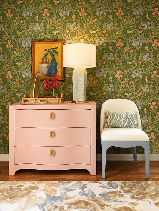 Worlds Away - Cora Curved Front Chest With Three Drawers In Textured Pink Linen With Satin Brass Ring Hardware - CORA PI