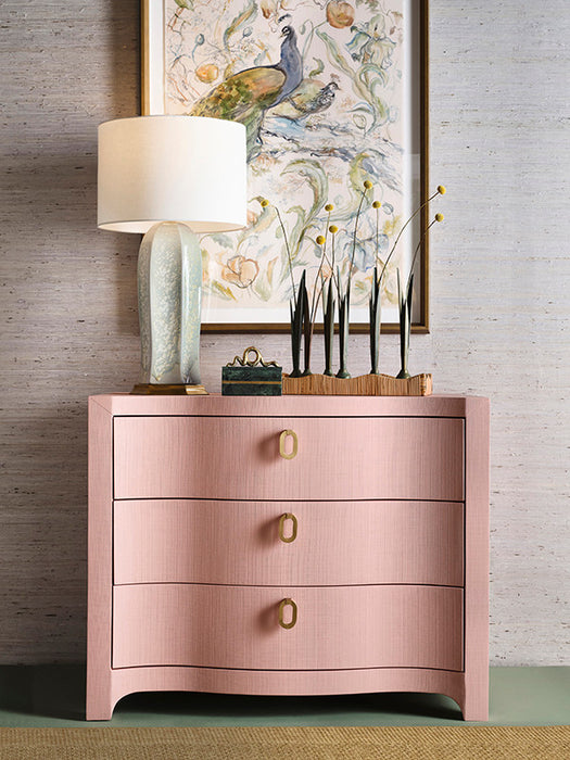 Worlds Away - Cora Curved Front Chest With Three Drawers In Textured Pink Linen With Satin Brass Ring Hardware - CORA PI