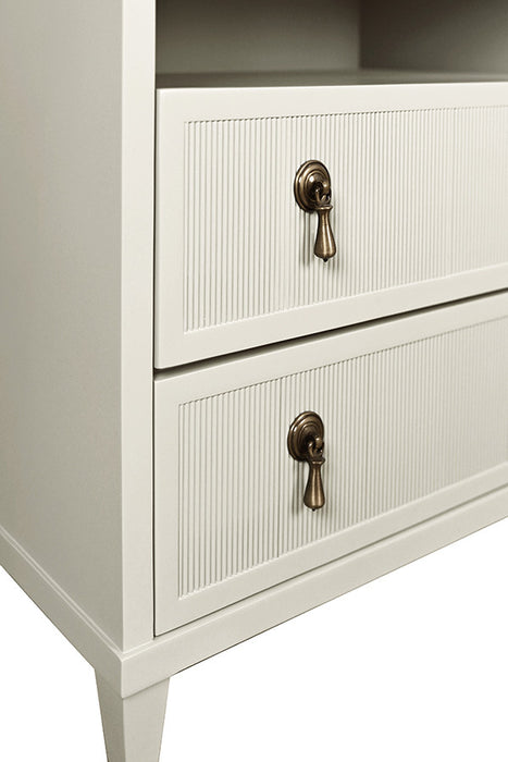 Worlds Away - Corine Two Drawer, Open Shelf Side Table With Fluted Drawer Fronts In Matte Antique White Lacquer - CORINE AW