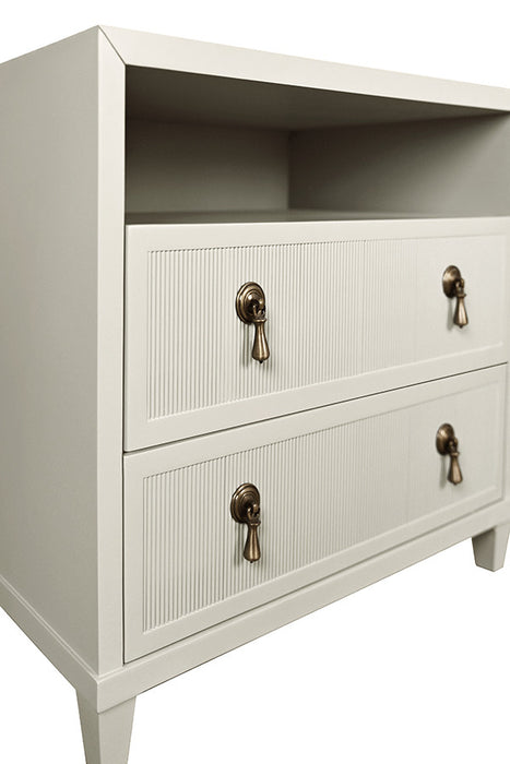 Worlds Away - Corine Two Drawer, Open Shelf Side Table With Fluted Drawer Fronts In Matte Antique White Lacquer - CORINE AW