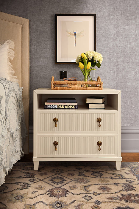Worlds Away - Corine Two Drawer, Open Shelf Side Table With Fluted Drawer Fronts In Matte Antique White Lacquer - CORINE AW