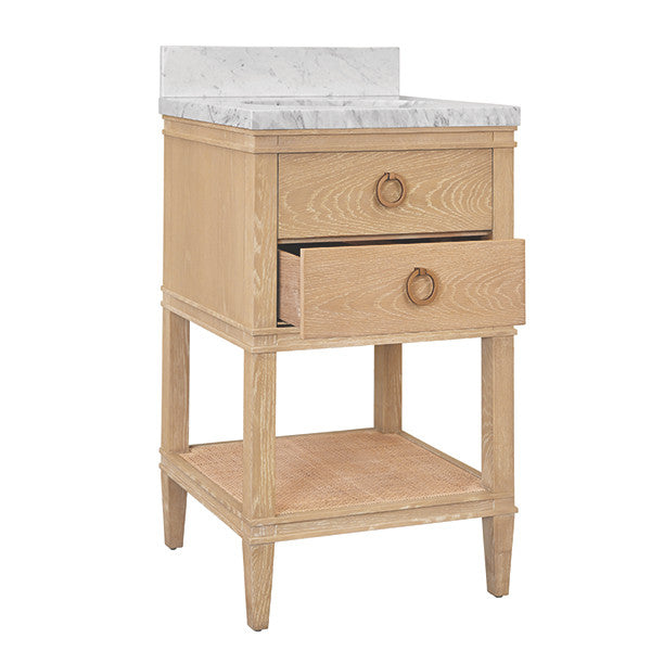 Worlds Away - Cutler Bath Vanity In Cerused Oak With Open Cane Shelf, White Marble Top, Porcelain Sink, And Antique Brass Ring Hardware - CUTLER 24 CO