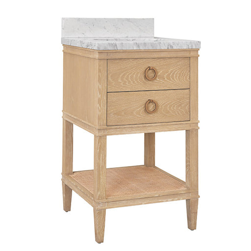 Worlds Away - Cutler Bath Vanity In Cerused Oak With Open Cane Shelf, White Marble Top, Porcelain Sink, And Antique Brass Ring Hardware - CUTLER 24 CO - GreatFurnitureDeal