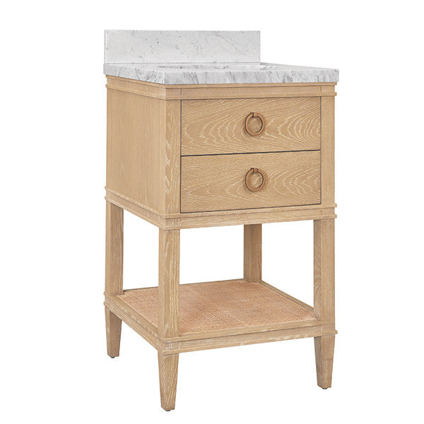Worlds Away - Cutler Bath Vanity In Cerused Oak With Open Cane Shelf, White Marble Top, Porcelain Sink, And Antique Brass Ring Hardware - CUTLER 24 CO