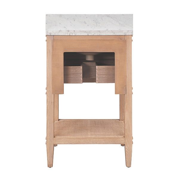 Worlds Away - Cutler Bath Vanity In Cerused Oak With Open Cane Shelf, White Marble Top, Porcelain Sink, And Antique Brass Ring Hardware - CUTLER 24 CO