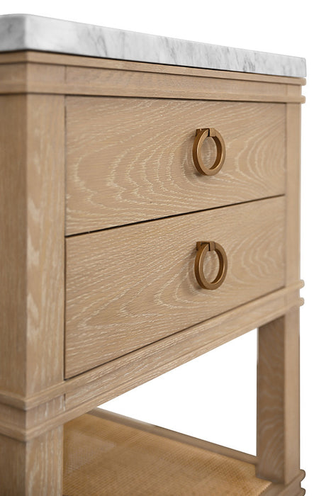 Worlds Away - Cutler Bath Vanity In Cerused Oak With Open Cane Shelf, White Marble Top, Porcelain Sink, And Antique Brass Ring Hardware - CUTLER 24 CO