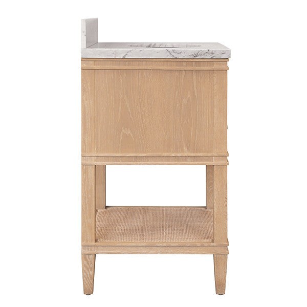 Worlds Away - Cutler Bath Vanity In Cerused Oak With Open Cane Shelf, White Marble Top, Porcelain Sink, And Antique Brass Ring Hardware - CUTLER 24 CO