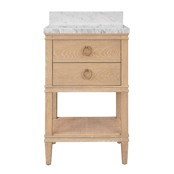 Worlds Away - Cutler Bath Vanity In Cerused Oak With Open Cane Shelf, White Marble Top, Porcelain Sink, And Antique Brass Ring Hardware - CUTLER 24 CO