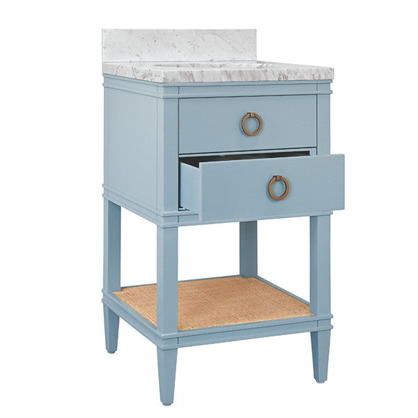 Worlds Away - Cutler Bath Vanity In Matte Light Blue Lacquer With Open Cane Shelf, White Marble Top, Porcelain Sink, And Antique Brass Ring Hardware - CUTLER 24 LB