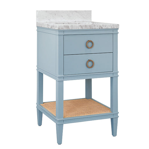 Worlds Away - Cutler Bath Vanity In Matte Light Blue Lacquer With Open Cane Shelf, White Marble Top, Porcelain Sink, And Antique Brass Ring Hardware - CUTLER 24 LB - GreatFurnitureDeal