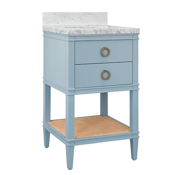 Worlds Away - Cutler Bath Vanity In Matte Light Blue Lacquer With Open Cane Shelf, White Marble Top, Porcelain Sink, And Antique Brass Ring Hardware - CUTLER 24 LB