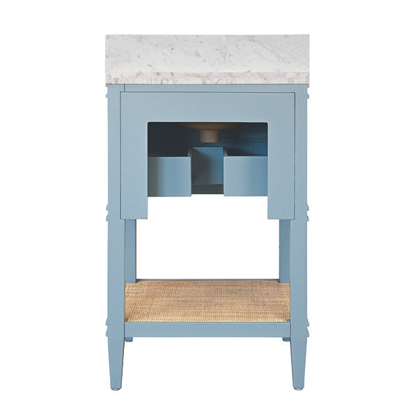 Worlds Away - Cutler Bath Vanity In Matte Light Blue Lacquer With Open Cane Shelf, White Marble Top, Porcelain Sink, And Antique Brass Ring Hardware - CUTLER 24 LB