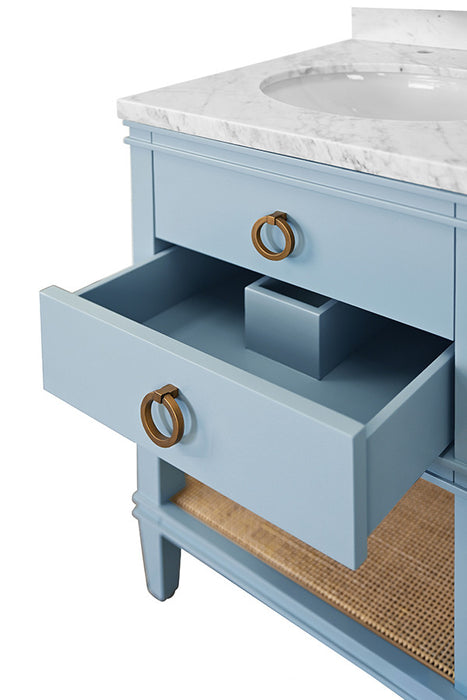 Worlds Away - Cutler Bath Vanity In Matte Light Blue Lacquer With Open Cane Shelf, White Marble Top, Porcelain Sink, And Antique Brass Ring Hardware - CUTLER 24 LB