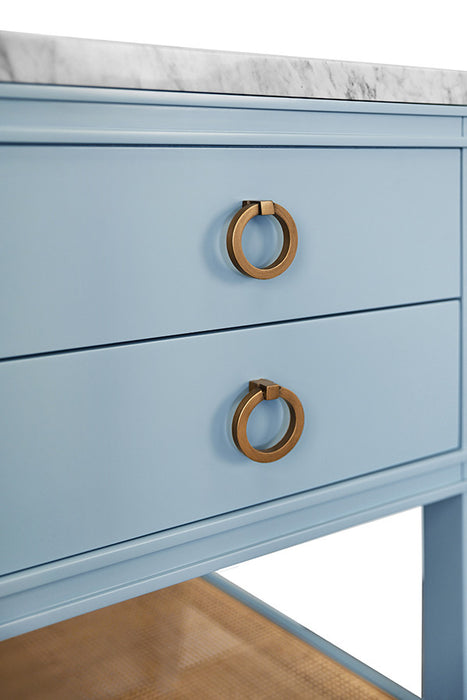 Worlds Away - Cutler Bath Vanity In Matte Light Blue Lacquer With Open Cane Shelf, White Marble Top, Porcelain Sink, And Antique Brass Ring Hardware - CUTLER 24 LB