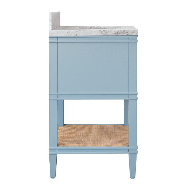 Worlds Away - Cutler Bath Vanity In Matte Light Blue Lacquer With Open Cane Shelf, White Marble Top, Porcelain Sink, And Antique Brass Ring Hardware - CUTLER 24 LB
