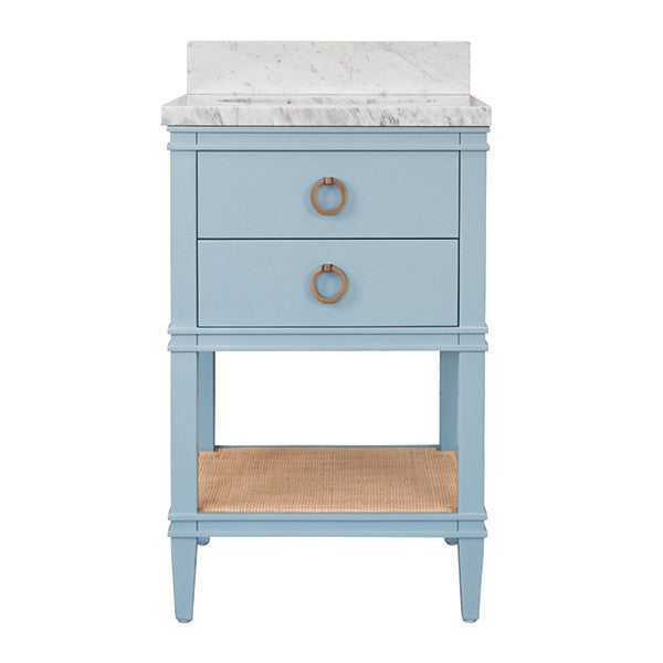Worlds Away - Cutler Bath Vanity In Matte Light Blue Lacquer With Open Cane Shelf, White Marble Top, Porcelain Sink, And Antique Brass Ring Hardware - CUTLER 24 LB