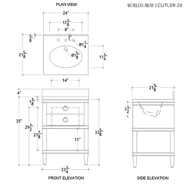 Worlds Away - Cutler Bath Vanity In Cerused Oak With Open Cane Shelf, White Marble Top, Porcelain Sink, And Antique Brass Ring Hardware - CUTLER 24 CO