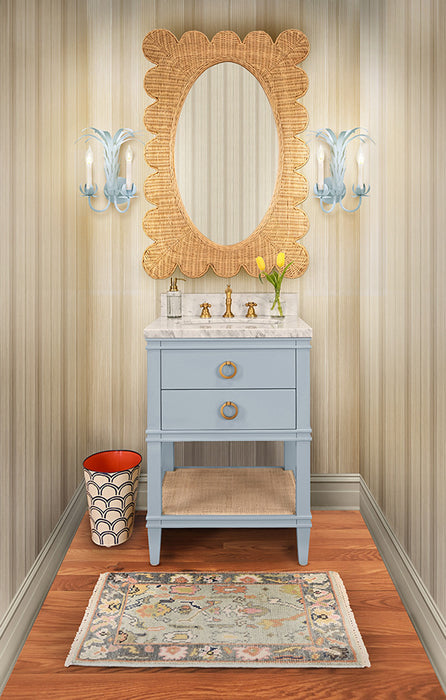Worlds Away - Cutler Bath Vanity In Matte Light Blue Lacquer With Open Cane Shelf, White Marble Top, Porcelain Sink, And Antique Brass Ring Hardware - CUTLER 24 LB