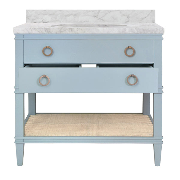 Worlds Away - Bath Vanity In Matte Light Blue Lacquer With Open Cane Shelf, White Marble Top, And Porcelain Sink - CUTLER LB - GreatFurnitureDeal