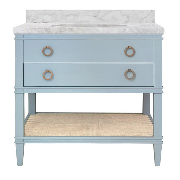 Worlds Away - Bath Vanity In Matte Light Blue Lacquer With Open Cane Shelf, White Marble Top, And Porcelain Sink - CUTLER LB - GreatFurnitureDeal