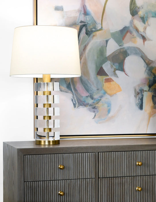 Worlds Away - Cybill Acrylic And Brushed Brass Stack Lamp With White Linen Shade - CYBILL BBR - GreatFurnitureDeal