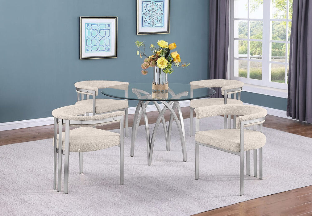 Mariano Furniture - 5 Piece Circular Glass Dining Set with Matte Chrome in Cream - BQ-D09-4SC383 - GreatFurnitureDeal