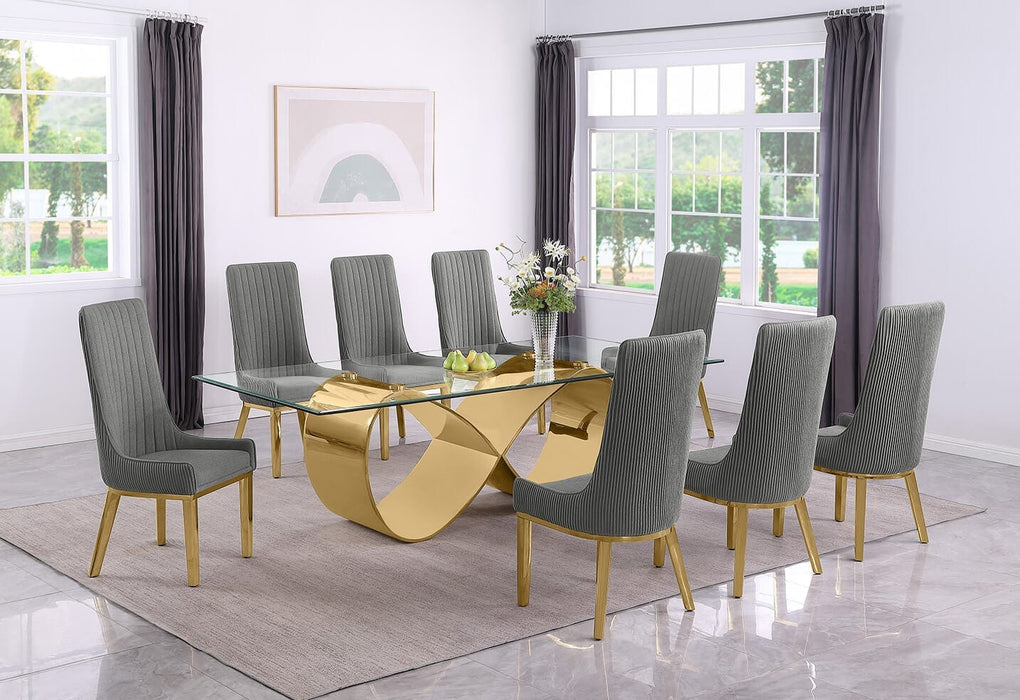 Mariano Furniture - 9 Piece Big Infinity Base Dining Set in Gray/Gold- BQ-D409-8SC294 - GreatFurnitureDeal