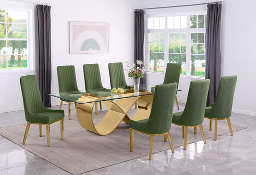 Mariano Furniture - 9 Piece Big Infinity Base Dining Set in Green/Gold- BQ-D409-8SC295 - GreatFurnitureDeal
