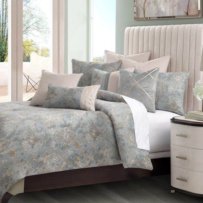 AICO Furniture - Debonair"9pc Queen Comforter Set"Mist - BCS-QS09-DBAIR-MST - GreatFurnitureDeal