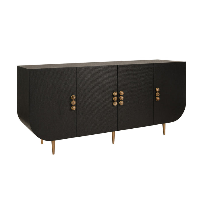 Worlds Away - Deluca Four Door Buffet With Curved Bottom Corners And Stone Hardware In Black Painted Grasscloth - DELUCA BLK