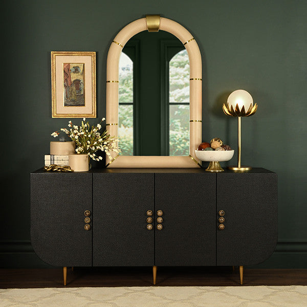 Worlds Away - Deluca Four Door Buffet With Curved Bottom Corners And Stone Hardware In Black Painted Grasscloth - DELUCA BLK