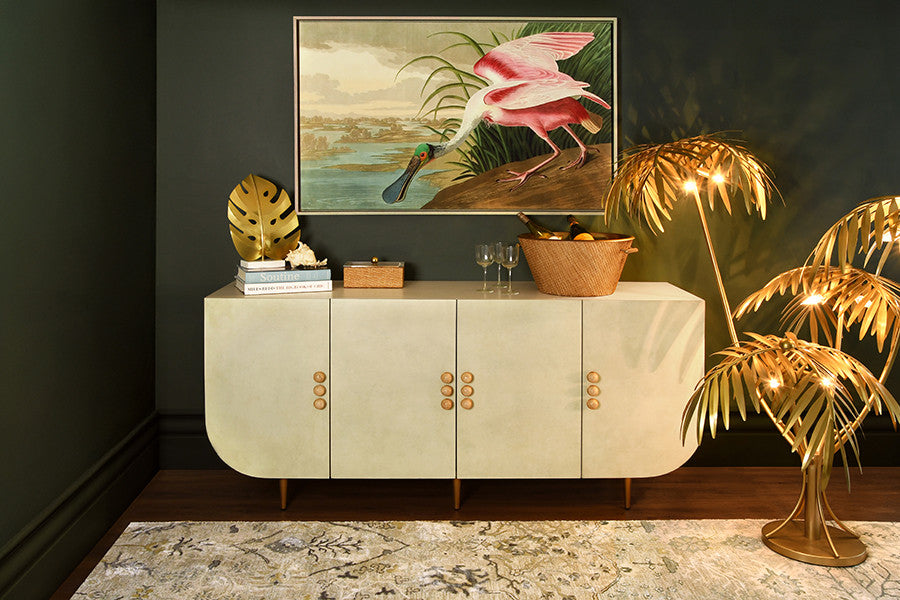 Worlds Away - Deluca Four Door Buffet With Curved Bottom Corners And Stone Hardware In Faux Parchment - DELUCA PAR