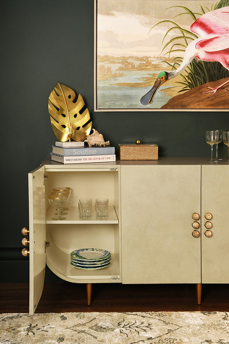 Worlds Away - Deluca Four Door Buffet With Curved Bottom Corners And Stone Hardware In Faux Parchment - DELUCA PAR