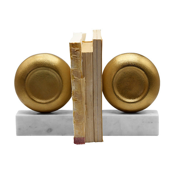 Worlds Away - Disk Shaped Textured Brass Metal Bookend With Square White Marble Base - DISKY - GreatFurnitureDeal