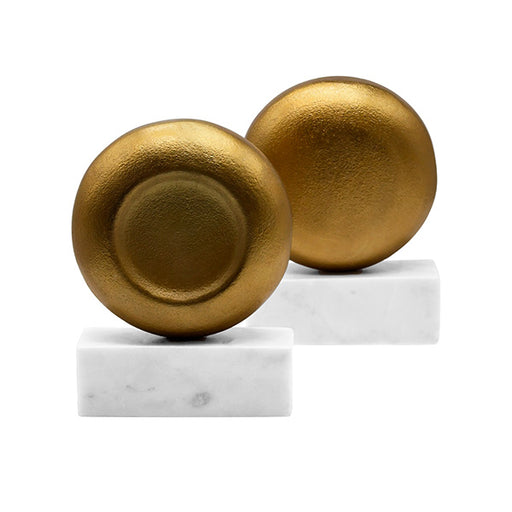 Worlds Away - Disk Shaped Textured Brass Metal Bookend With Square White Marble Base - DISKY - GreatFurnitureDeal